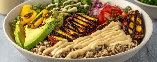 A vibrant bowl of grilled vegetables, rice, and sauce, showcasing healthy meal options.