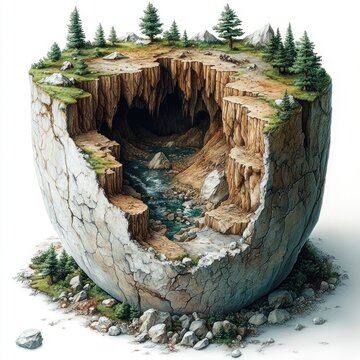 A detailed, artistic representation of a cross-section of a rocky landscape with trees.