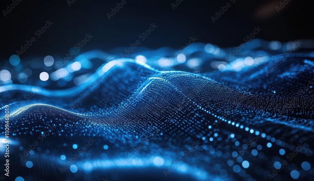 Poster abstract representation of flowing digital waves with luminous blue particles creating a mesmerizing