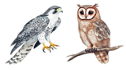 Obraz premium A falcon and an owl in a natural setting, showcasing their unique features and perched poses in nature.