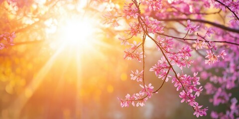 Fototapeta premium A tree with pink flowers and a bright sun shining on it. The sun is casting a warm glow on the tree and the flowers, creating a serene and peaceful atmosphere