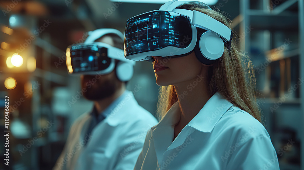 Poster immersive virtual reality exploration by researchers in a futuristic laboratory setting during the e