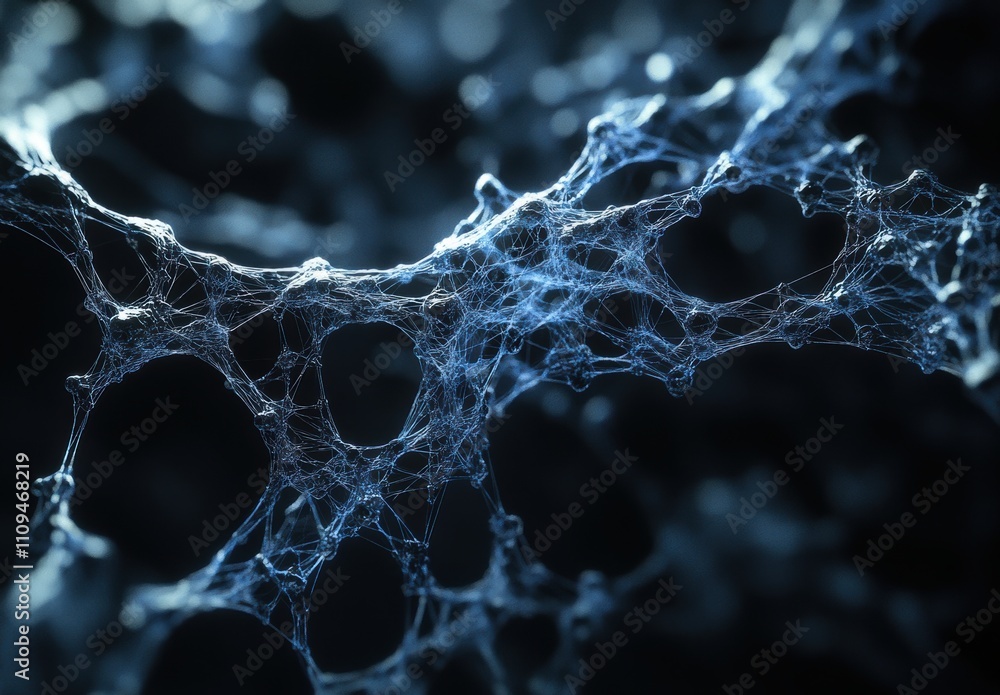 Poster abstract representation of interconnected fibers creating a delicate network, showcasing depth and c