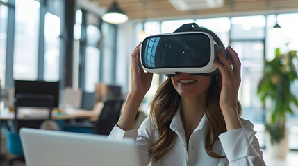 A businesswoman in her workplace using a virtual reality simulator on her laptop