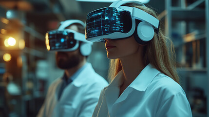 Immersive virtual reality exploration by researchers in a futuristic laboratory setting during the evening hours. Generative AI