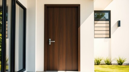 A modern wooden door with a chrome handle on a white exterior wall with black windows and a small green lawn.