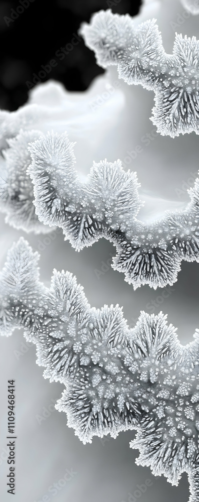Poster close-up of frost formations on a branch, intricate patterns of ice crystals.