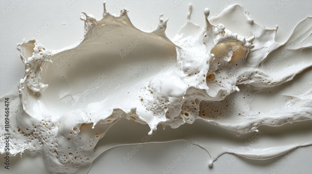 Poster dynamic splash of white liquid creating textured patterns on surface, capturing movement and fluidit
