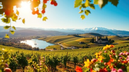 A picturesque vineyard scene with a lake, a sailboat, and a church nestled amongst rolling hills, framed by blooming flowers and a brilliant sun.