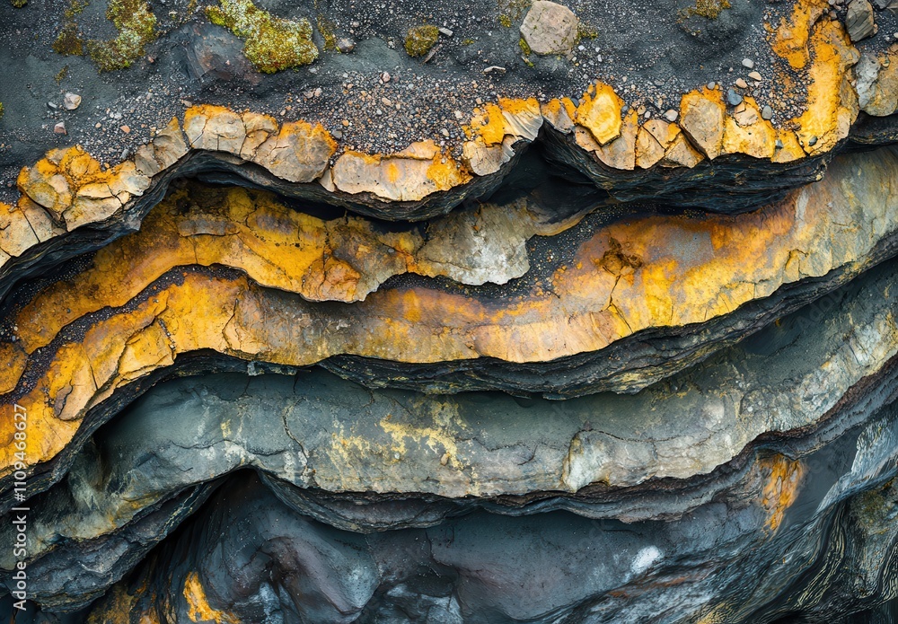 Poster abstract top view of layered geological formations showcasing vibrant orange and gray colors, reveal