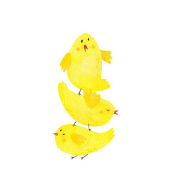Cute happy Easter chicks. Watercolor illustration of yellow chicks for easter design. The chickens are standing on top of each other.