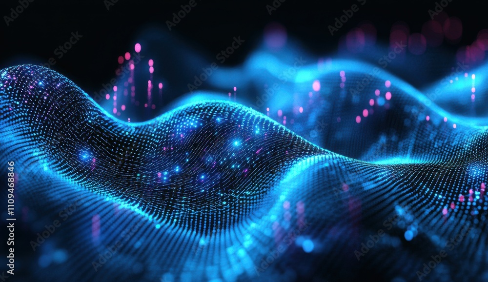Poster abstract wave pattern with glowing particles in blue and purple, representing digital technology, da