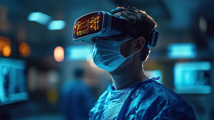 Surgeon utilizes virtual reality technology in a modern operating room for enhanced patient care and surgical precision. Generative AI