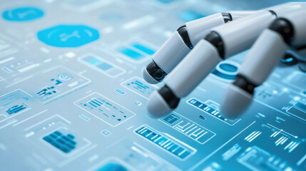 Robot hand interacting with futuristic touchscreen interface displaying data analysis
