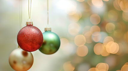 Fototapeta premium Christmas balls hanging on a blurry background