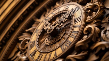 Obraz premium Intricate Wooden Clock, showcasing exquisite carvings, merging artistic craftsmanship with practical design, a timeless piece reflecting elegance and tradition.