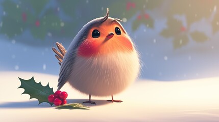 Cute Robin Bird Holly Berries