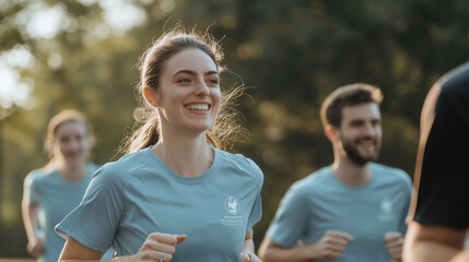 Team of Coworkers Jogging for Charity Cause in Branded Shirts