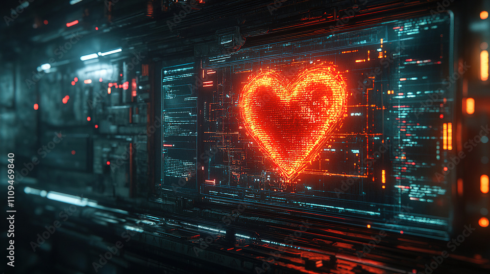 Poster digital heart design illuminated in a modern technology environment at night. generative ai