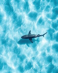 Naklejka premium Aerial View of a Majestic Shark Swimming Gracefully in Crystal Clear Turquoise Waters, Showcasing the Beauty of Oceanic Wildlife and Marine Life