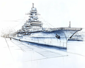 Detailed sketch of a large battleship docked at a pier.