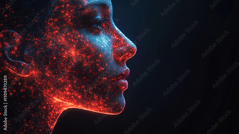 Poster portrait of a woman with glowing particles illuminating her features in a dark environment, creating