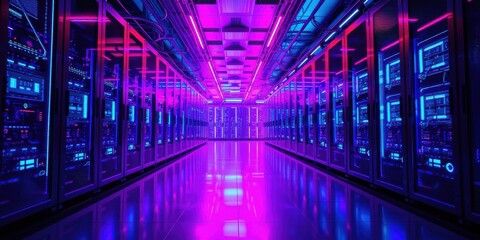 A hallway illuminated by vibrant purple and blue neon lights leading to a row of towering servers in a data center,  representing the heart of a digital network.