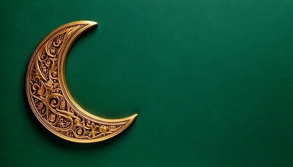 golden crescent on green background copy space for text off-center off center aligned flat lay isolated decoration decorated ornament ornamental moon gold  Eid al-Fitr Mubarak Eid Al-Adha