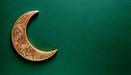 golden crescent on green background copy space for text off-center off center aligned flat lay isolated decoration decorated ornament ornamental moon gold Eid al-Adha Eid al-Fitr Mubarak greeting card