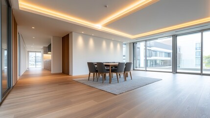 Fototapeta premium A large living room with a black couch and a black coffee table