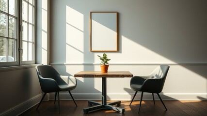 Minimalist Interior Design with Wooden Table and Chairs, Sunlight Streaming Through a Window and Illuminating a Blank Picture Frame