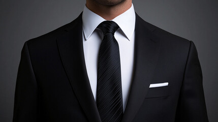 A well-fitted black suit on a mannequin with a crisp white dress shirt and a classic black tie, set against a sleek, dark background