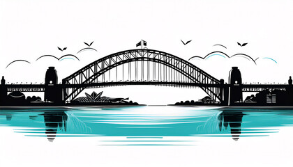 Obraz premium Silhouette of Sydney Harbour Bridge and Opera House against a tranquil water backdrop at dawn