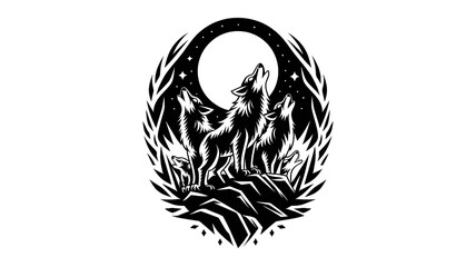 Obraz premium Wolves Howling at a Full Moon with Laurel Branches and Starry Night Sky