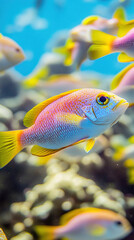 Obraz premium School of colorful fish swimming in blue water near coral reef