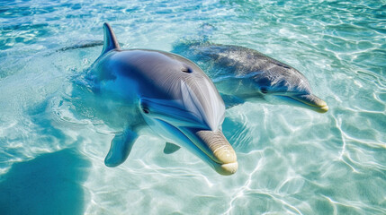 Obraz premium Two dolphins swimming in crystal clear shallow water