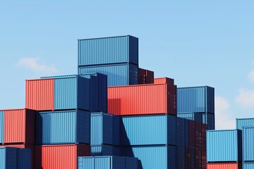 Fototapeta premium Stack of blue container boxes with sky background