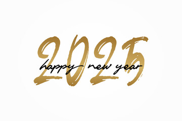 2025 Happy New Year Text Design. 2025 Happy New Year Typography With Gold Brush Style Handwritten Calligraphy Lettering On White Background. Flat Vector Design Template Element For Greeting Cards.