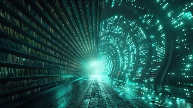 Futuristic library tunnel with glowing data and bookshelves.
