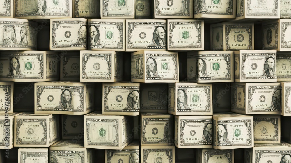 Aufkleber a close-up shot of a wall of one-dollar bills folded into cubes, creating a textured background.