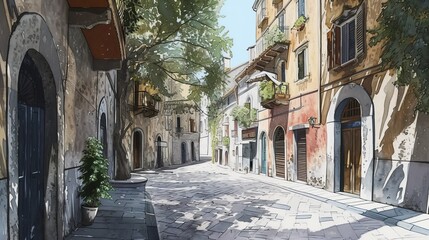 Fototapeta premium A lively hand-drawn illustration of a sunlit European street, lined with rustic buildings, lush greenery, and vintage architectural elements. AI generated.