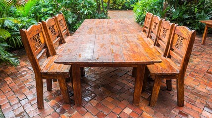 Wooden Table and Chairs in Tropical Garden, Outdoor Seating, Patio Furniture Patio furniture, Outdoor dining, Tropical garden