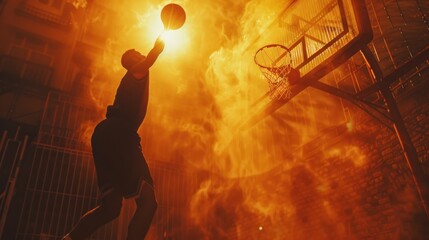 Silhouette of basketball player shooting a hoop in smoky, fiery setting.