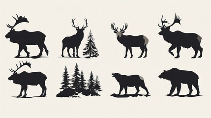 Naklejka premium Silhouette collection of deer, wolf, bear, and pine trees.