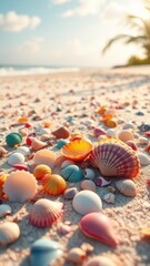 Obraz premium Tropical seashells on sandy beach with copy space, tranquil, exotic, travel, relaxation