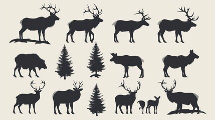 Naklejka premium Collection of elk and deer silhouettes with trees.