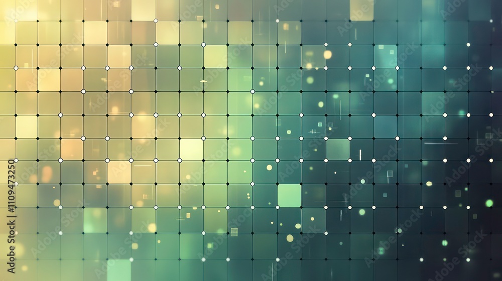 Poster Abstract background with glowing squares and grid pattern in green and gold tones.