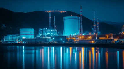 Fototapeta premium A Nuclear Power Station with Cooling Towers Against a Cloudy Sky