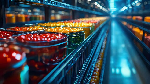 Rows of jars filled with vibrant, fresh produce in a modern, well-lit food storage facility