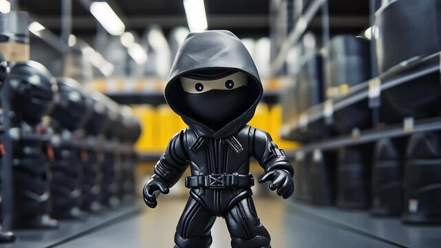 A black-clad ninja figure with glowing eyes, standing confidently among rows of similar ninja figures in a store or display setting.